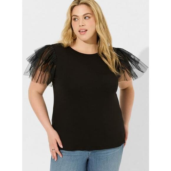 Torrid 0X Super Soft Crew Neck Tulle Tiered Short Sleeve Tee Top Black Shirt - Picture 1 of 12